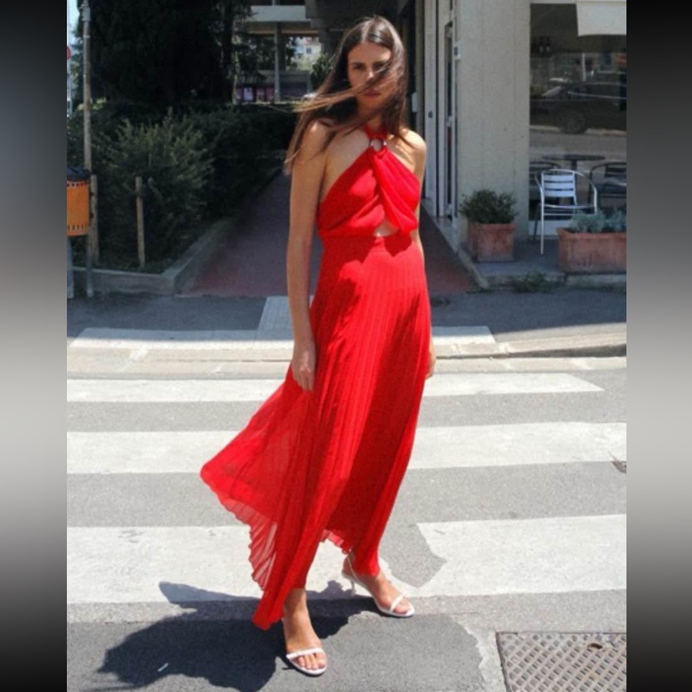 Zara Pleated Red Halter Dress Gown